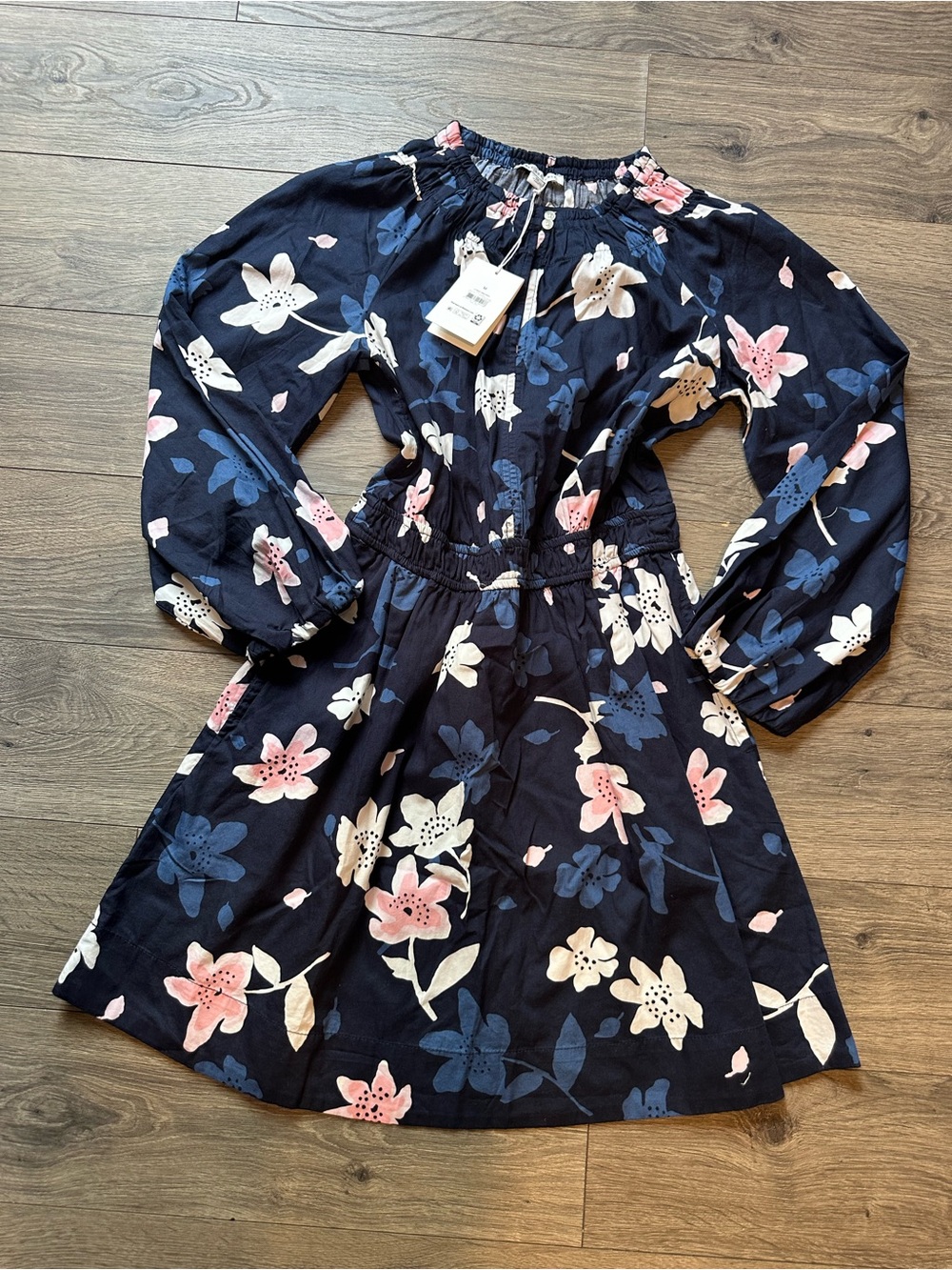 Floral Navy Midi Dress with Pink & Cream Blooms